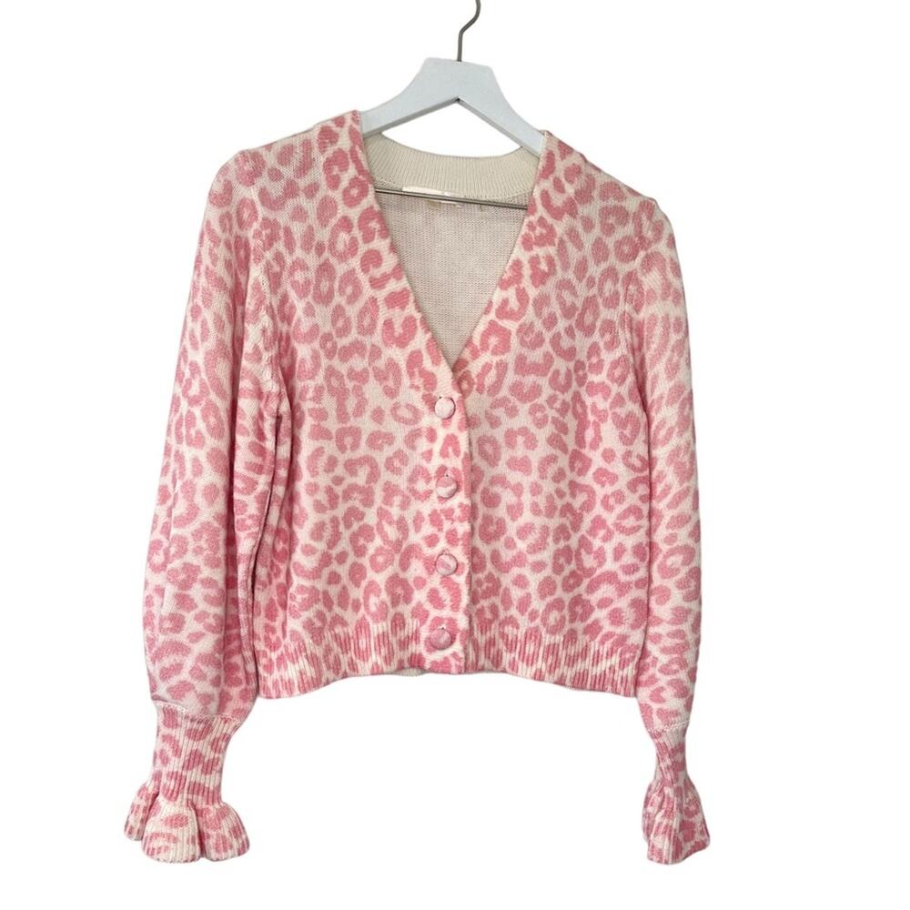 LoveShackFancy Pink Leopard Print Cardigan Button Front Ruffle Sweater Size XS
